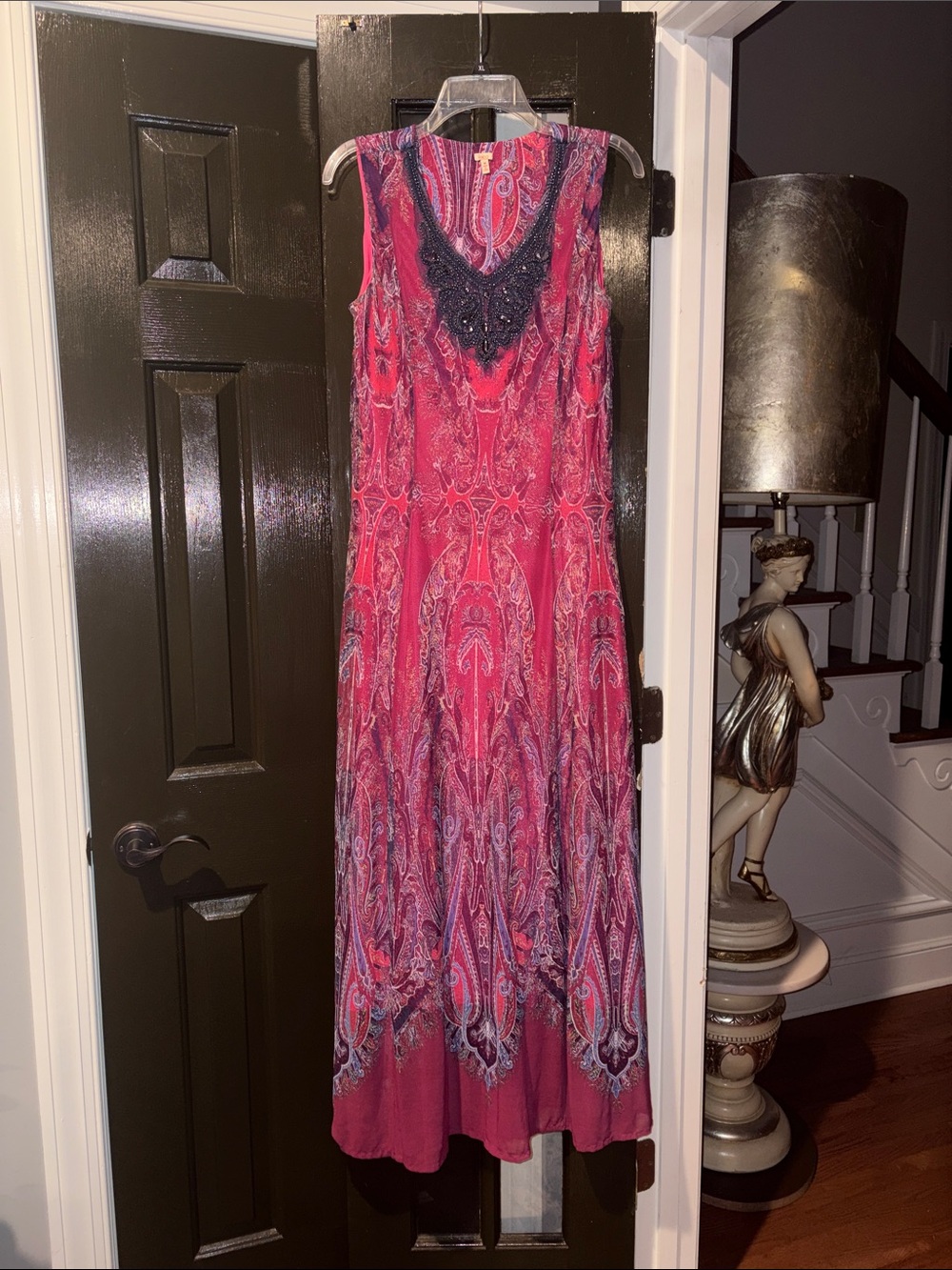 Reba Pink and Purple Paisley Maxi Dress with Black Beaded V-Neck